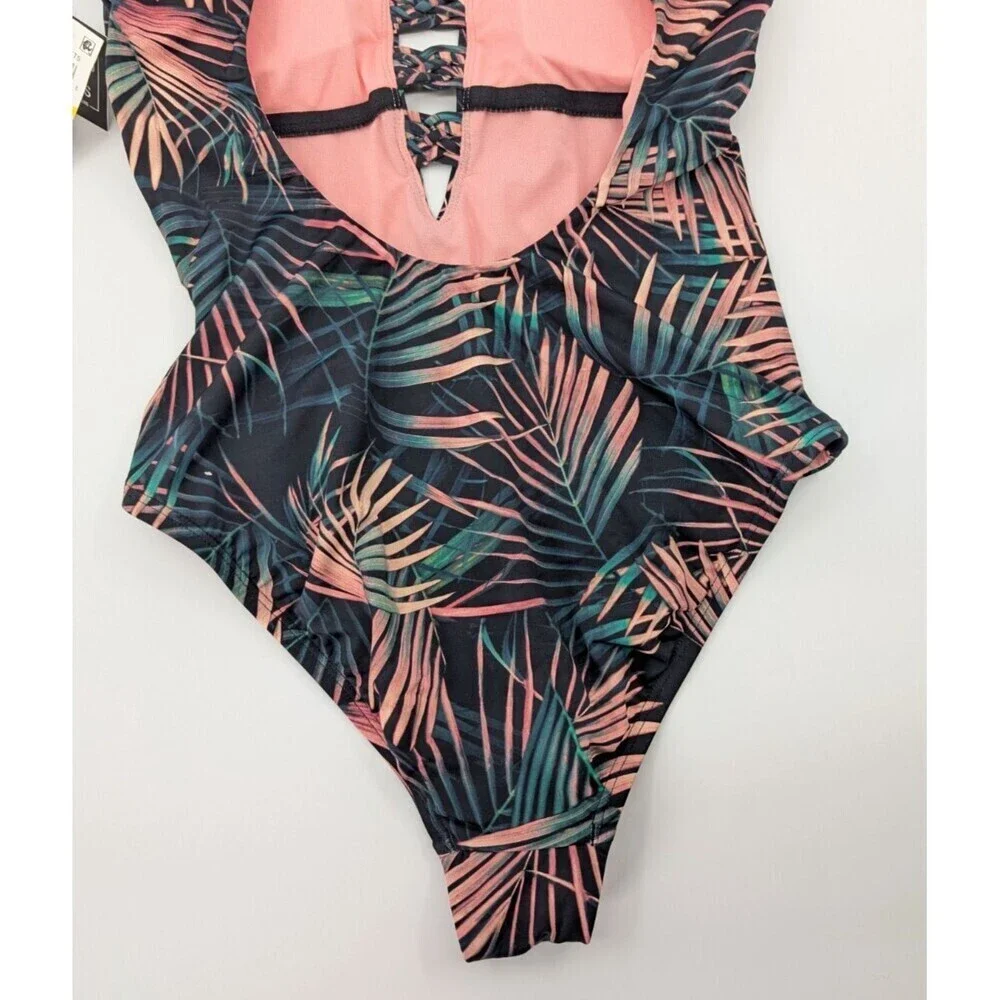 Bar III Swimsuit Women Medium One Piece Plunge Green Tropical Criss Cross Straps